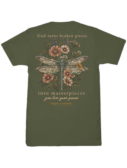 Olive green T-shirt with a floral dragonfly graphic and the words: “God turns broken pieces into masterpieces. Give Him your pieces. Simply Southern.” Available in sizes S-XXL.