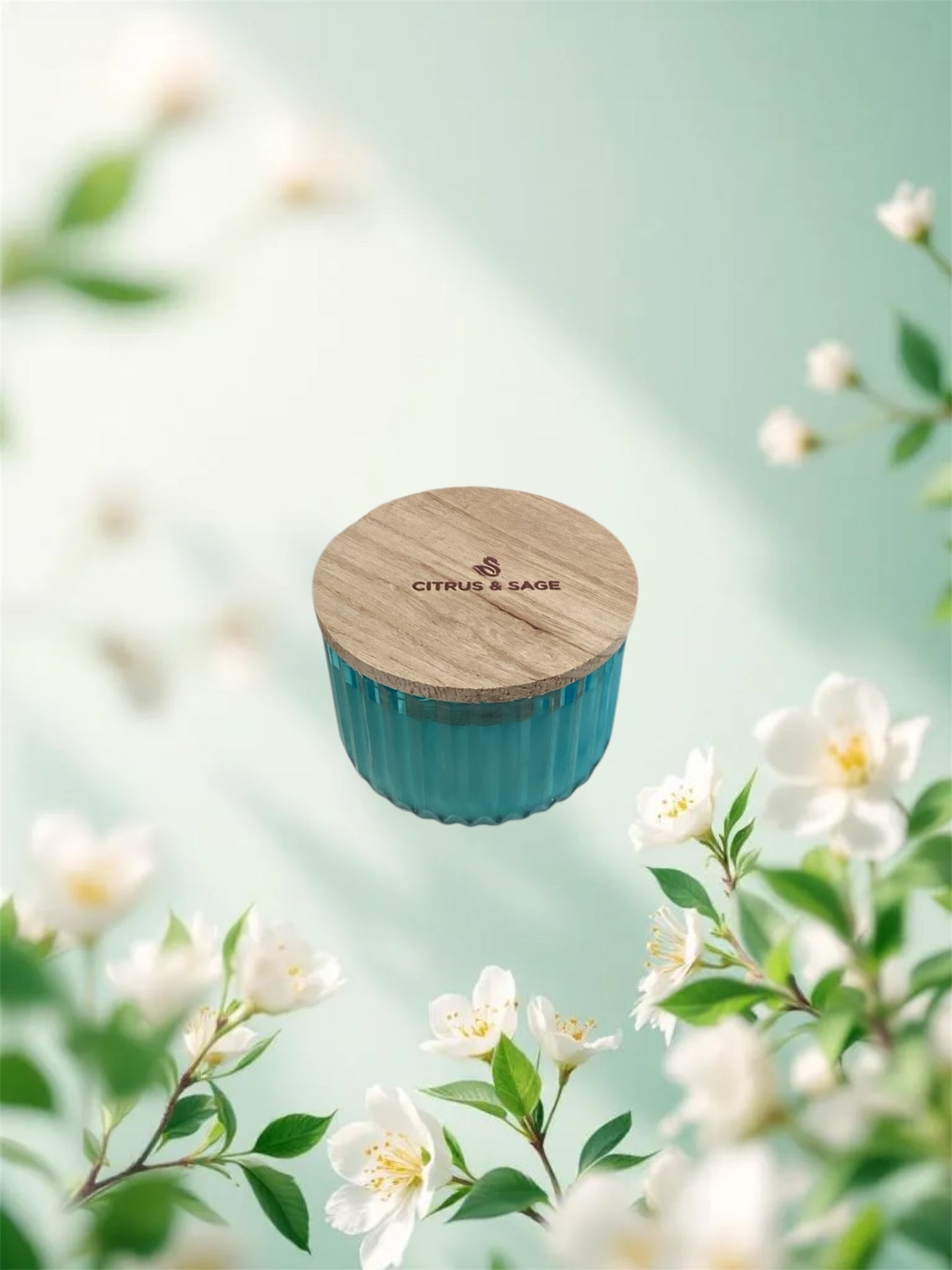 Blue glass Citrus & Sage Cathedral Candle with wooden lid. Available in multiple sizes.