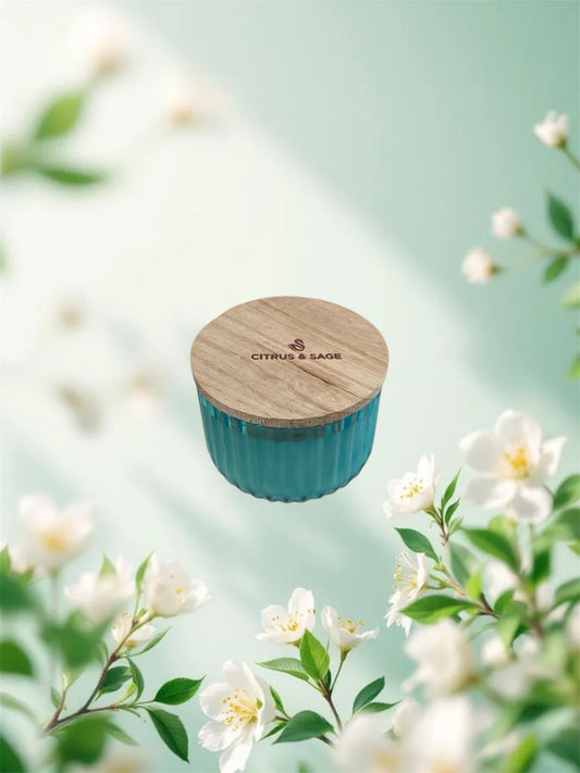 Blue glass Citrus & Sage Cathedral Candle with wooden lid. Available in multiple sizes.