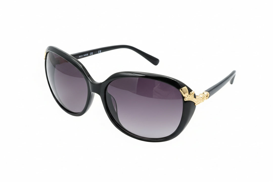 Black oversized Flower Detail Sunglasses with dark gradient lenses and gold floral temple accents. Sizes: S, M, L.