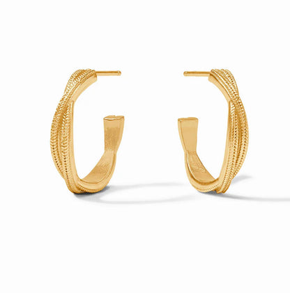 Cheval Twist Hoop earrings by Julie Vos in 24K gold, with a textured braided design. Available in small and medium sizes.