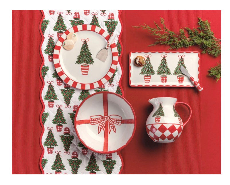 Topiary Tree Cookie Plate Set in red and white, including a plate, rectangular tray, bowl, and pitcher.