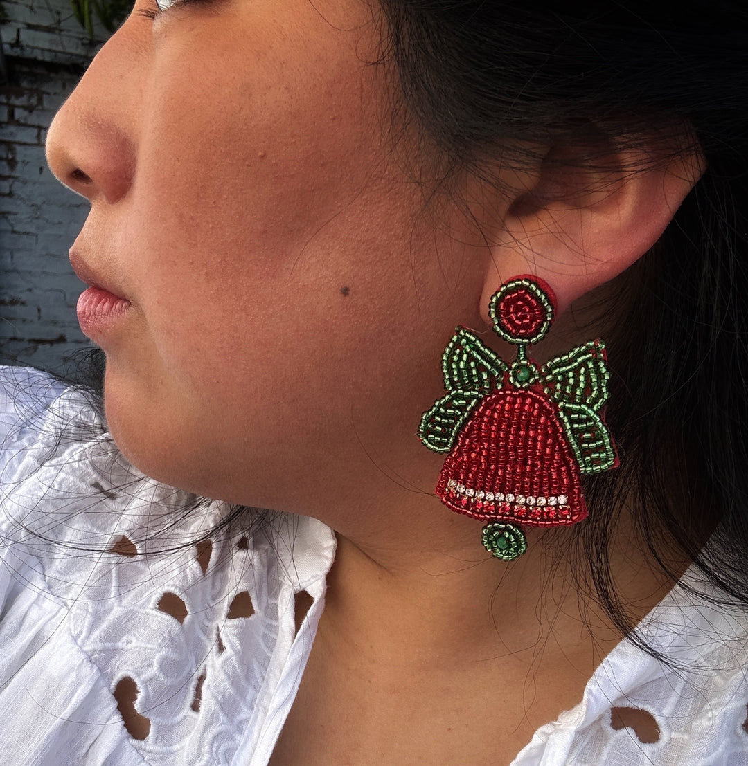 Red and green beaded bell-shaped dangle earrings with circular studs.