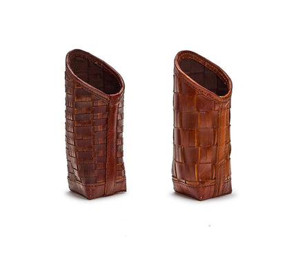Chestnut woven leather eyeglass holders with upright, angled openings; available in small and large sizes.