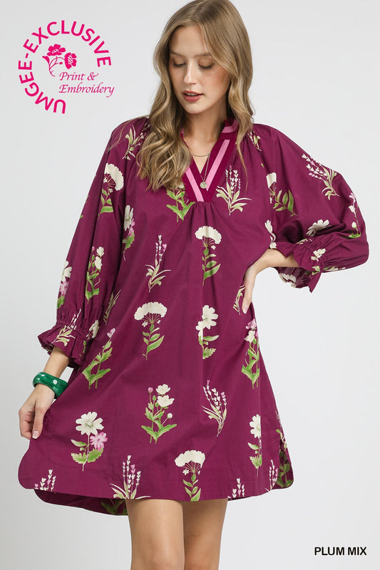 Floral Tunic Dress with Contrast Trim