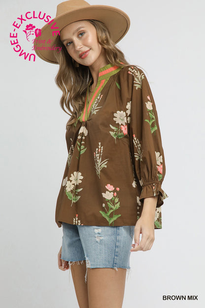 Sienna Floral Contrast Trim Blouse in brown mix cotton with green and red accents. Available in sizes XS-XL. SAGEE-EXCLUSIVE.