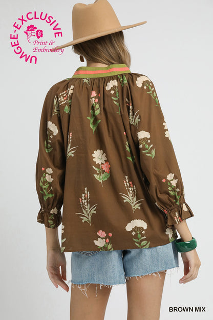 Sienna Floral Contrast Trim Blouse with balloon sleeves, brown mix. Unique print & embroidery. Sizes XS-XL. Ideal for autumn.