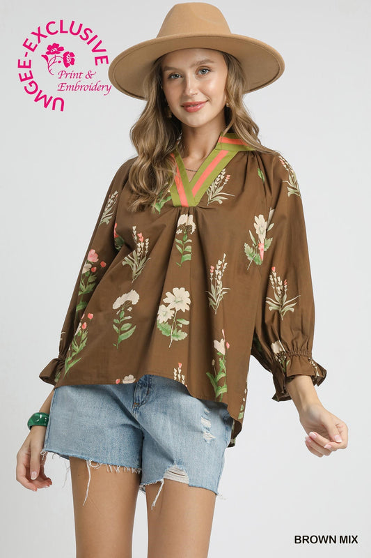 Sienna Floral Contrast Trim Blouse: loose brown cotton, green/red trim, "BROWN MIX". Sizes XS–XL.