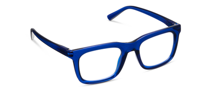 Rectangular blue frames with clear, anti-reflective lenses. Available in small, medium, and large sizes.