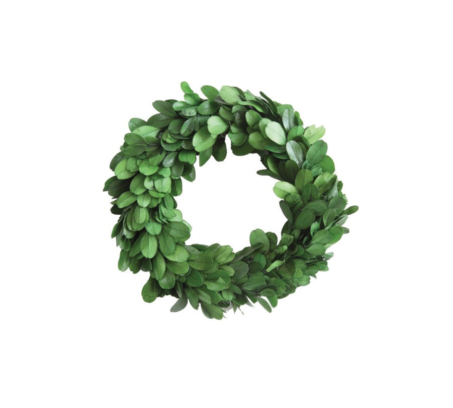 6” Round Preserved Boxwood Wreath with lush, green leaves in a neat circular arrangement. Only available in 6-inch size.