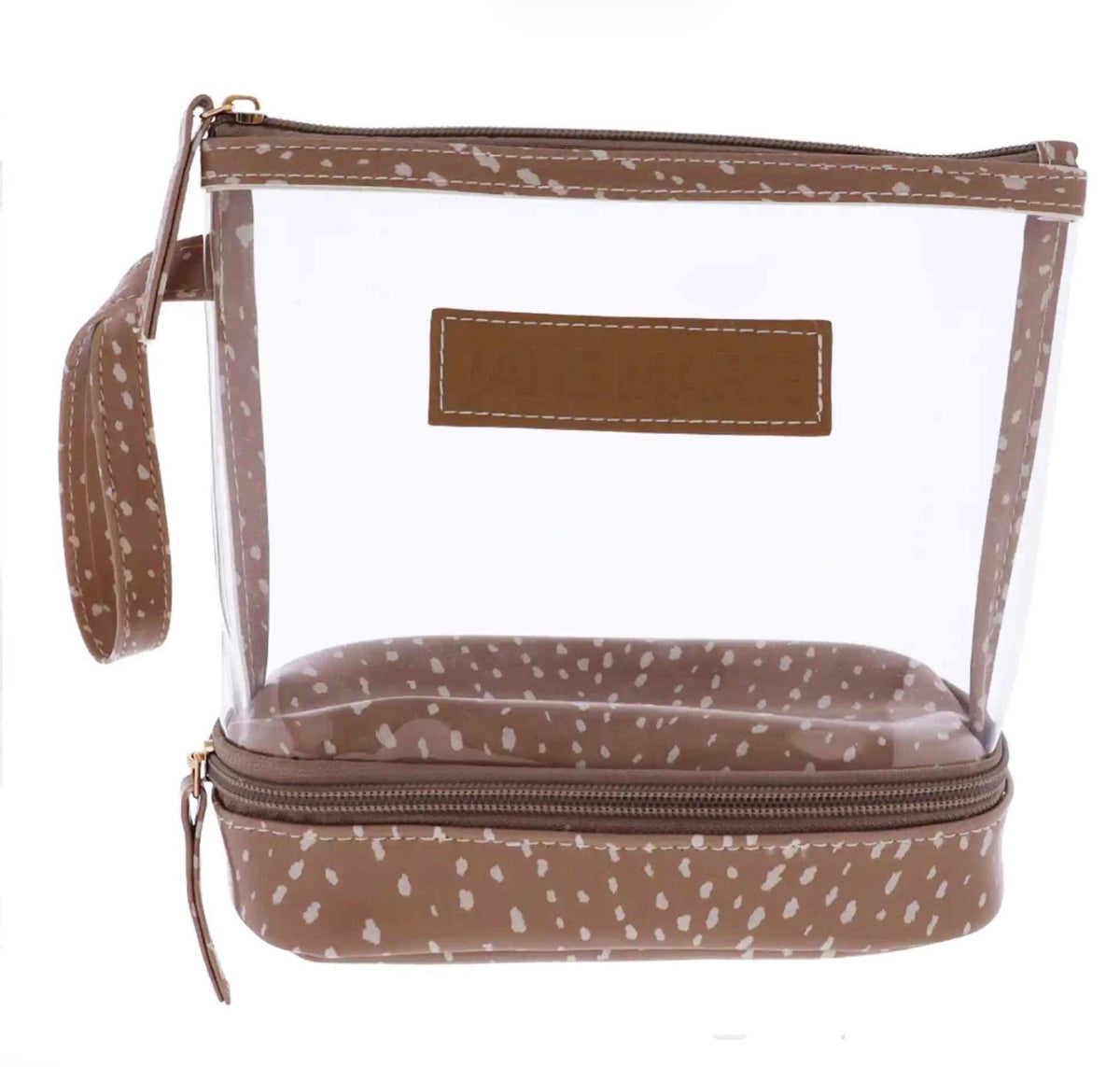 Clear PVC cosmetic bag with brown trim and white speckles, handle, and zippered bottom compartment; available in Small size.