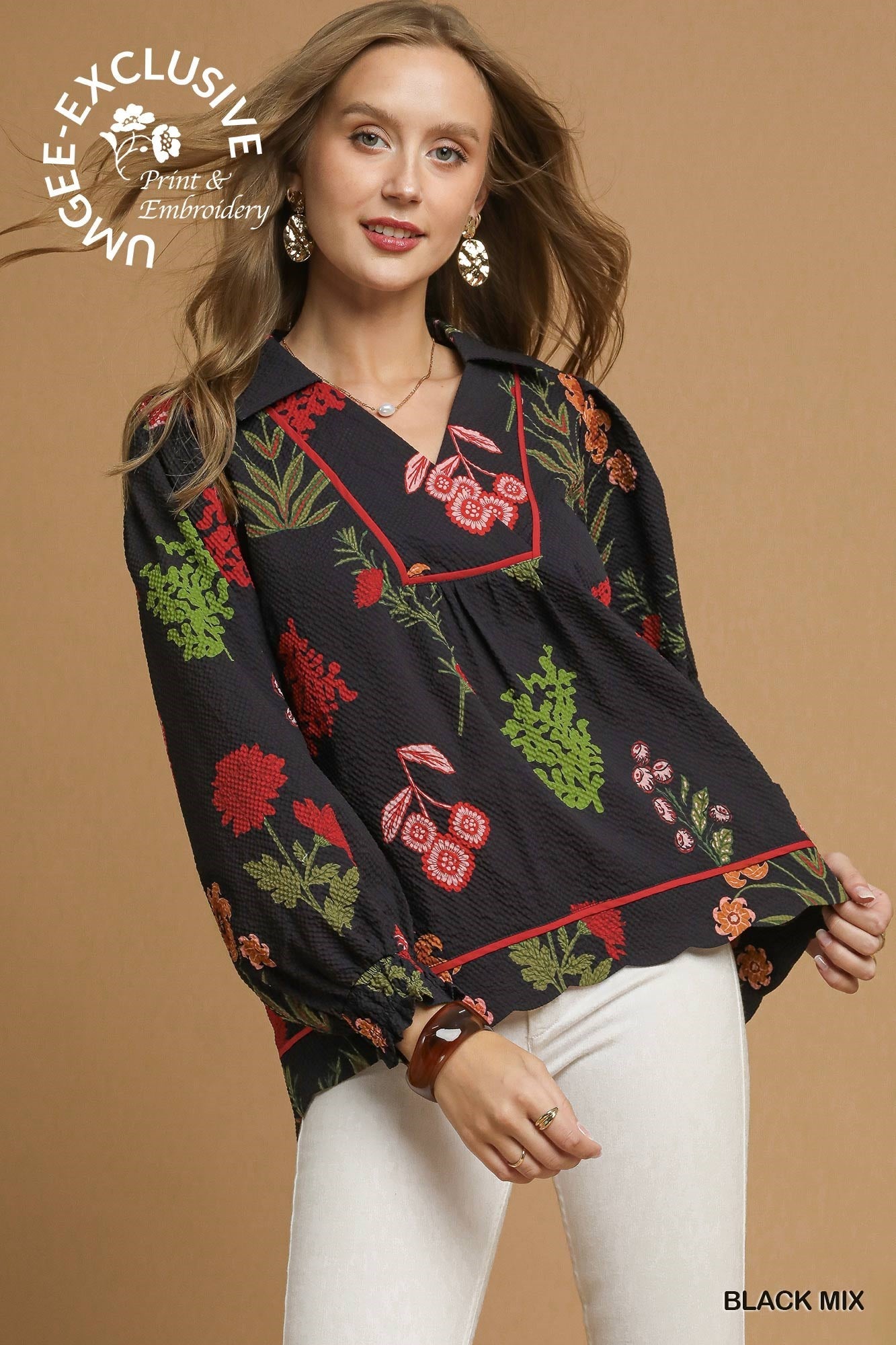 Black, long-sleeved Floral Print Scallop Hem Textured Top with colorful embroidery. Available in sizes S-XL.