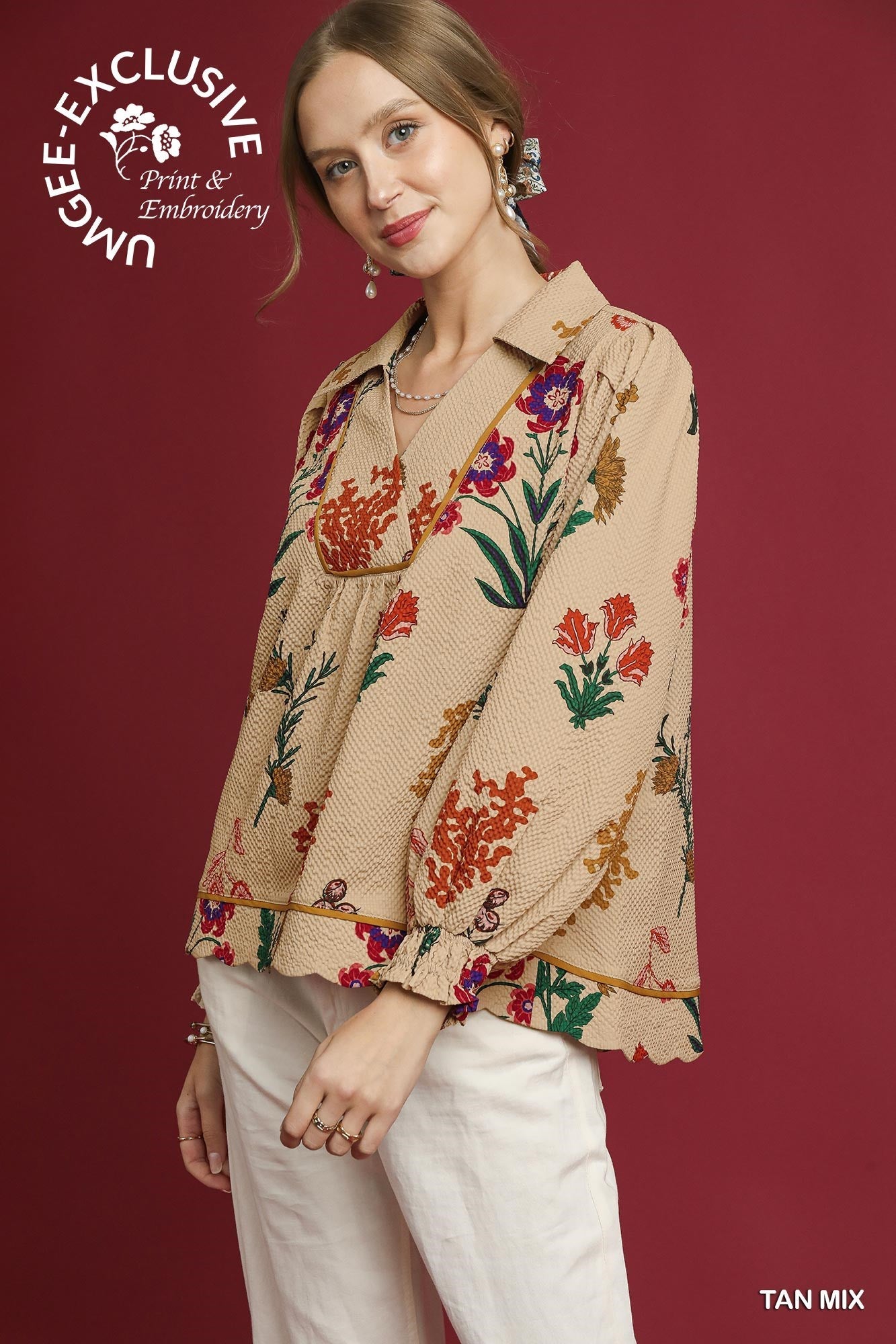 Floral Print Scallop Hem Textured Top with colorful embroidery, scallop hem. TAN MIX. Sizes: XS-XL. "UNIQUEE EXCLUSIVE".