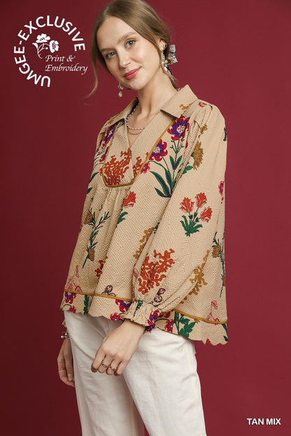 Floral Print Scallop Hem Textured Top with colorful embroidery, scallop hem. TAN MIX. Sizes: XS-XL. "UNIQUEE EXCLUSIVE".