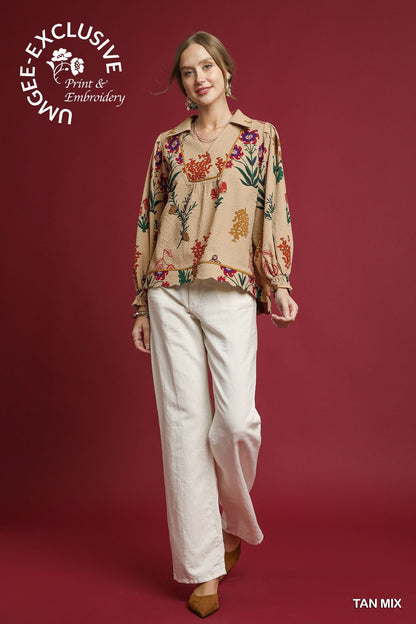 Floral Print Scallop Hem Textured Top with colorful embroidery, TAN MIX. Sizes XS-XXL available. UNIQUE EXCLUSIVE.