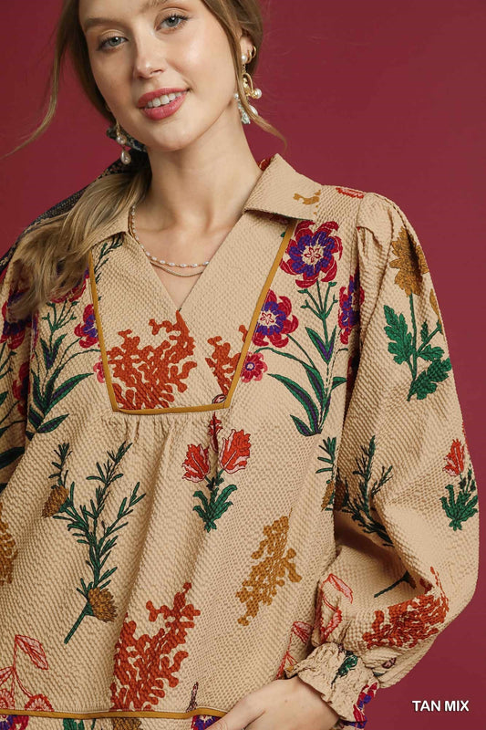 Floral Print Scallop Hem Textured Top in TAN MIX. Available sizes: XS, S, M, L, XL.