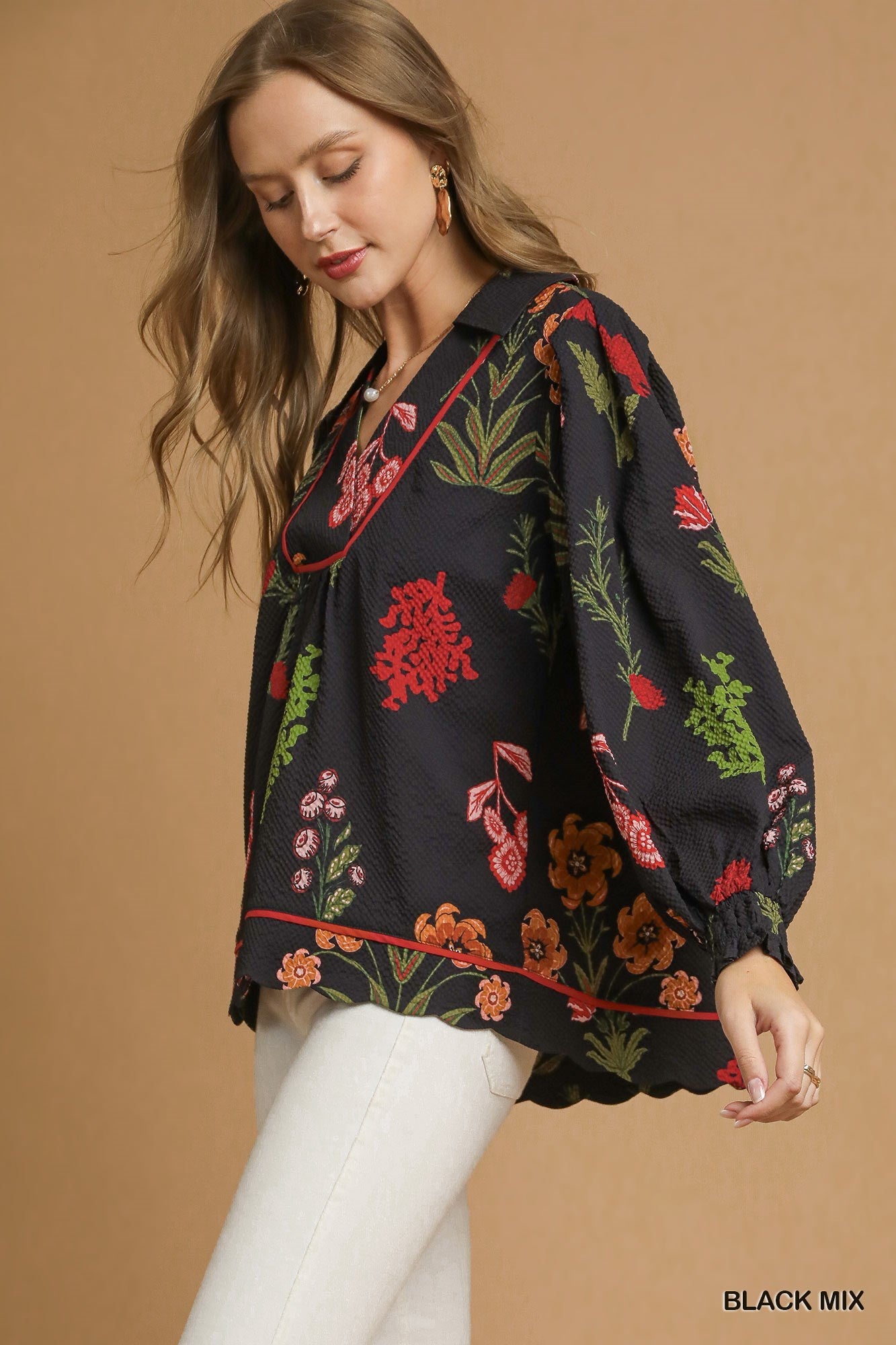 Floral Print Scallop Hem Textured Top, black with colorful embroidery. Available in sizes XS–XL. "BLACK MIX" shown.