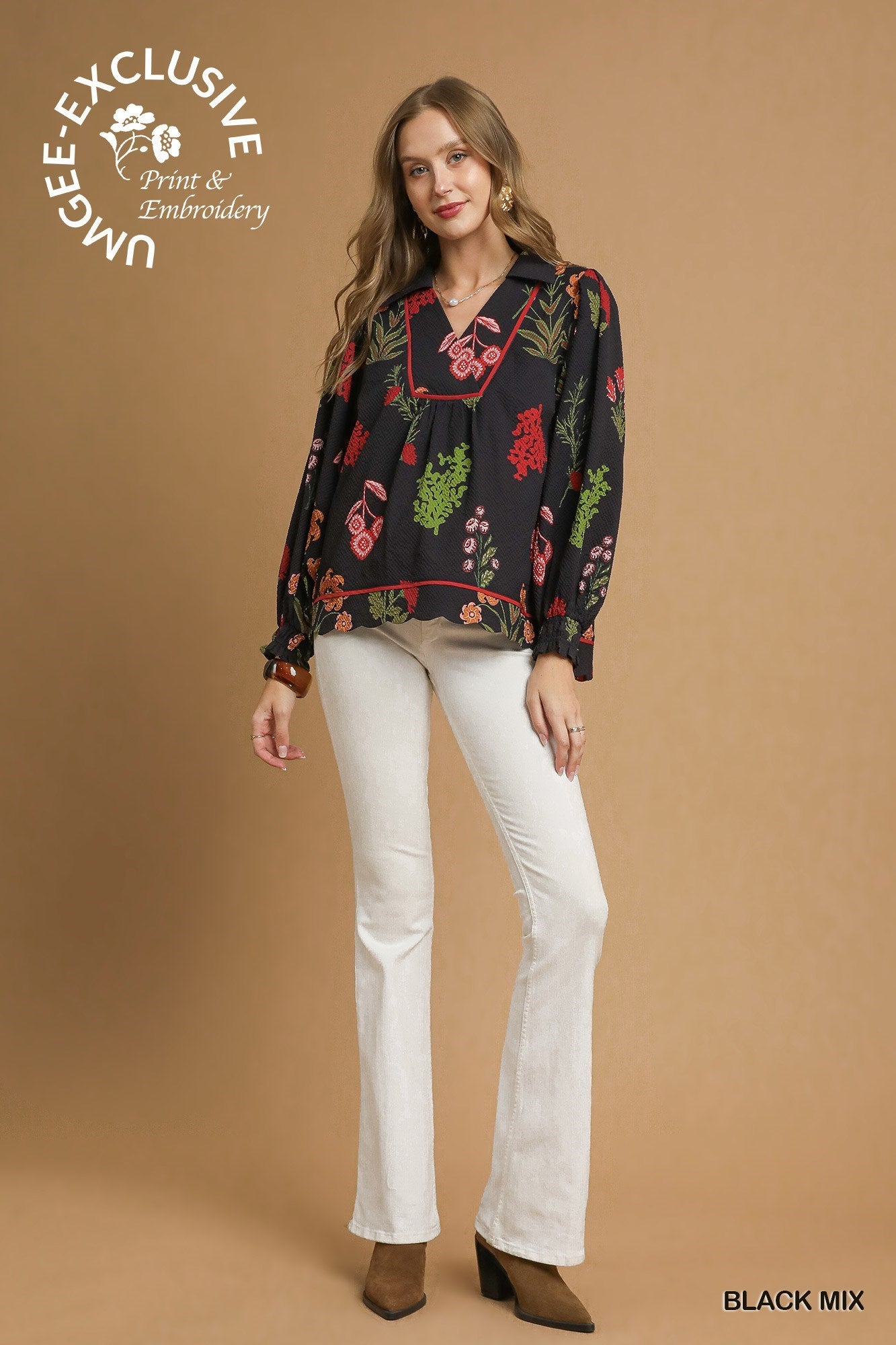 Black Floral Print Scallop Hem Textured Top with red/green embroidery. Sizes: XS-XL. "UNIQUEE EXCLUSIVE Print & Embroidery.