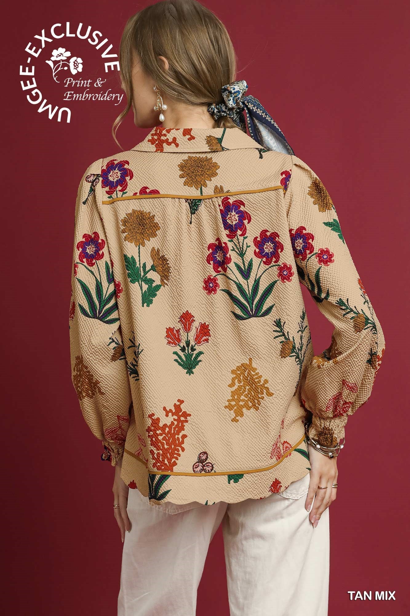 Floral Print Scallop Hem Textured Top, tan with colorful flowers. Available in sizes XS-XL.