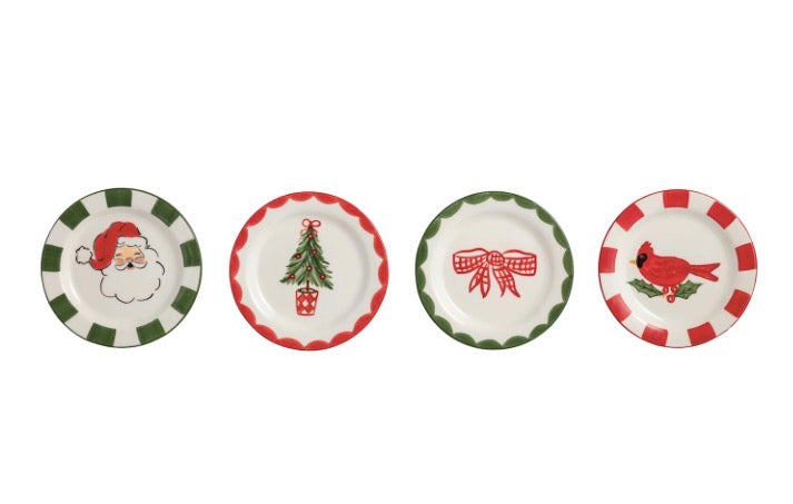 Four hand-painted ceramic Christmas tidbit plates featuring Santa Claus, a decorated tree, a red ribbon, and a cardinal.