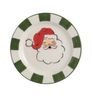 Christmas Tidbit Plate with Santa Claus face and green and white striped border.