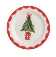 Christmas Tidbit Plate with a scalloped red border and a painted Christmas tree in a red patterned pot.