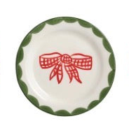 Small round Christmas tidbit plate with red gingham bow and scalloped green rim.