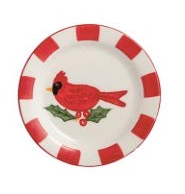 Small round hand-painted Christmas Tidbit Plate with red and white striped rim, featuring a red cardinal on holly.