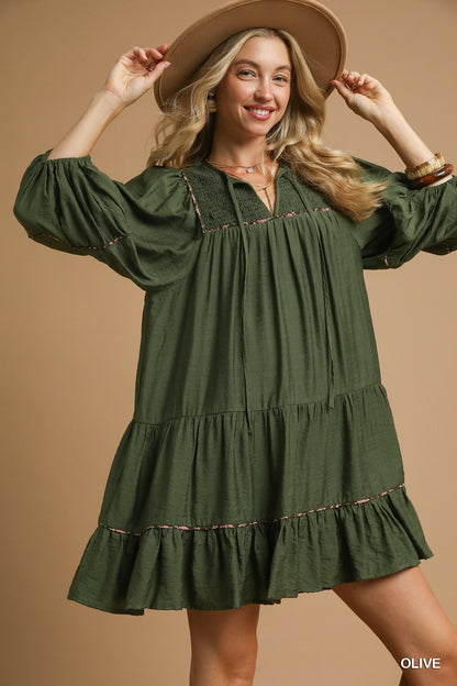Juniper Tiered Long Sleeve Dress with ruffled layers. Available in sizes XS-XL.