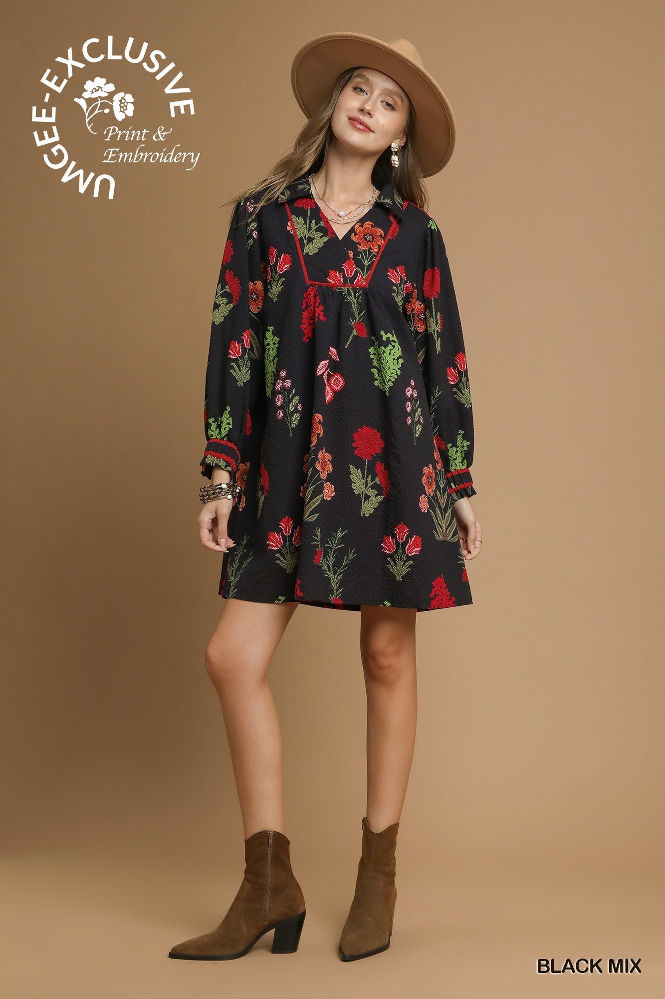 Mix Floral Textured Shift Dress with exclusive print & embroidery. Available in sizes XS-XL.