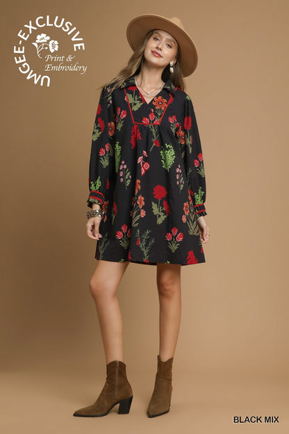Mix Floral Textured Shift Dress with exclusive print & embroidery. Available in sizes XS-XL.