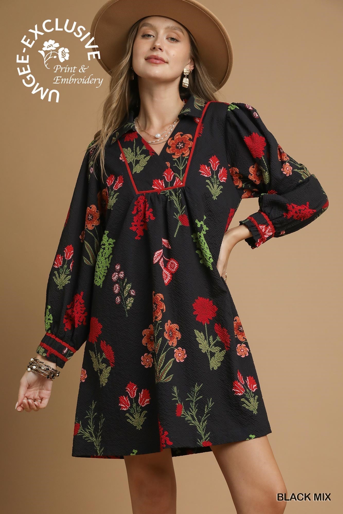 Mix Floral Textured Shift Dress: black, red/green/pink floral embroidery. Available in sizes XS–XL.