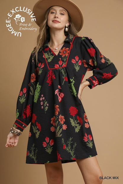 Mix Floral Textured Shift Dress: black, red/green/pink floral embroidery. Available in sizes XS–XL.
