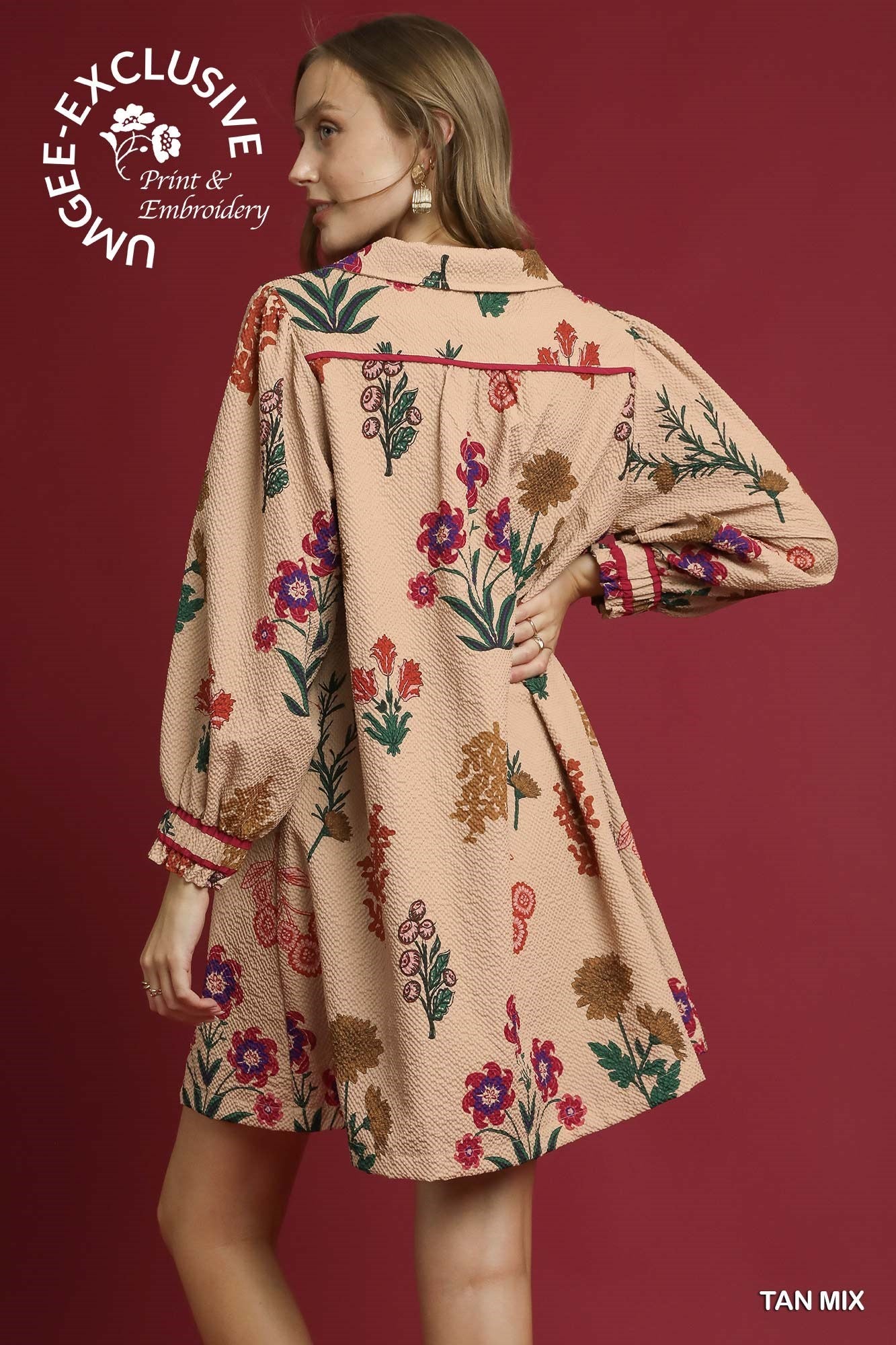 Mix Floral Textured Shift Dress with colorful prints, embroidery, long sleeves, red cuffs. Available in S, M, L.