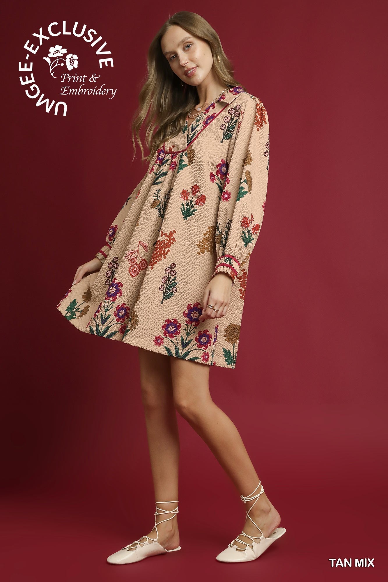 Mix Floral Textured Shift Dress in tan with colorful embroidery. Sizes XS-XL. "EXCLUSIVE Print & Embroidery," "TAN MIX.