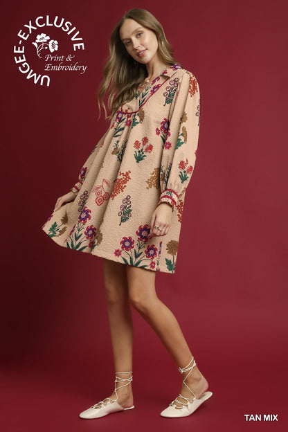 Mix Floral Textured Shift Dress in tan with colorful embroidery. Sizes XS-XL. "EXCLUSIVE Print & Embroidery," "TAN MIX.