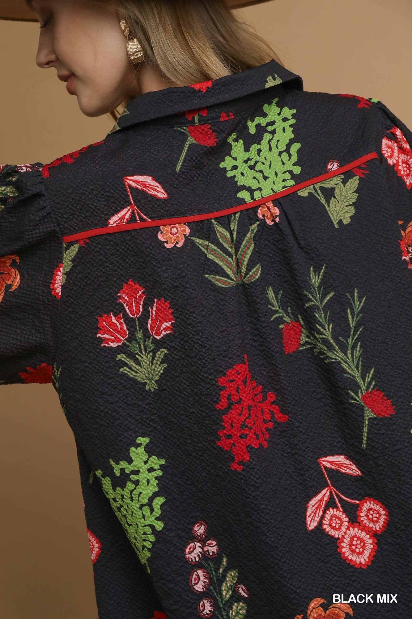 Mix Floral Textured Shift Dress with dark base, red, green, pink floral embroidery. "BLACK MIX" text. Sizes: XS-XL.