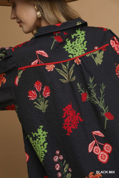 Mix Floral Textured Shift Dress with dark base, red, green, pink floral embroidery. "BLACK MIX" text. Sizes: XS-XL.