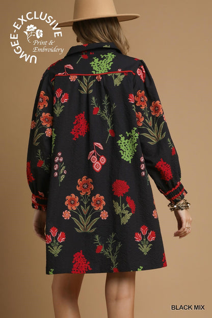 Black Mix Floral Textured Shift Dress with colorful embroidery, long sleeves. Sizes: XS-XL. "SINGEE EXCLUSIVE Print & Embroidery.