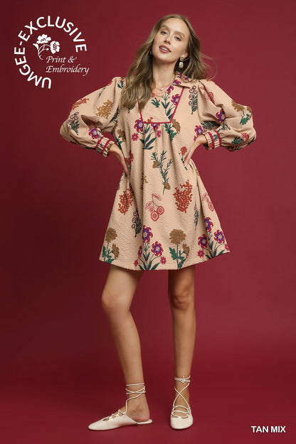 Mix Floral Textured Shift Dress in tan floral print with puffed sleeves. Available sizes: XS-XL. "EXCLUSIVE Print & Embroidery.