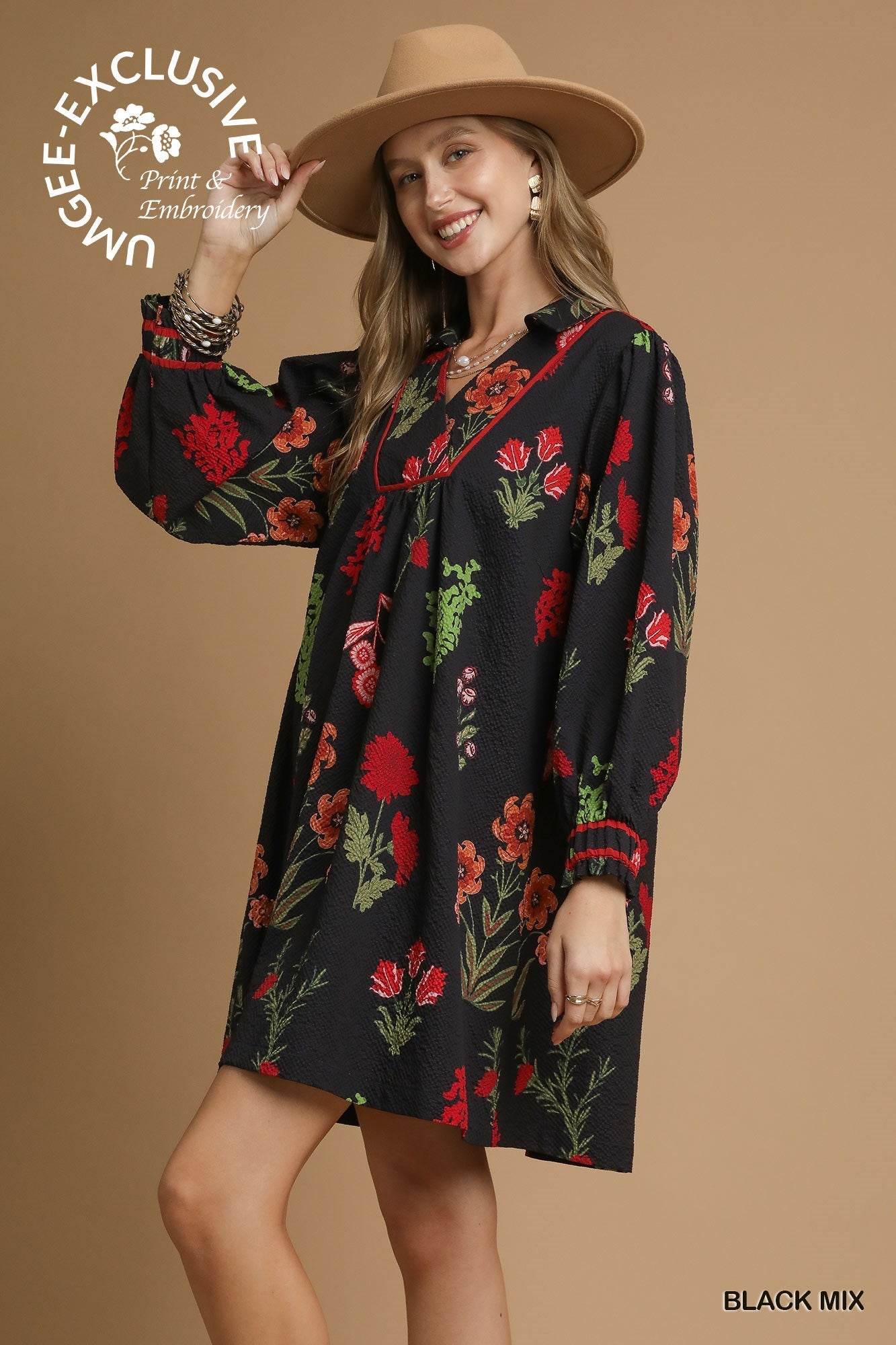 Mix Floral Textured Shift Dress, exclusive print embroidery in Black Mix. Available in sizes XS–XL. Perfect for fall.