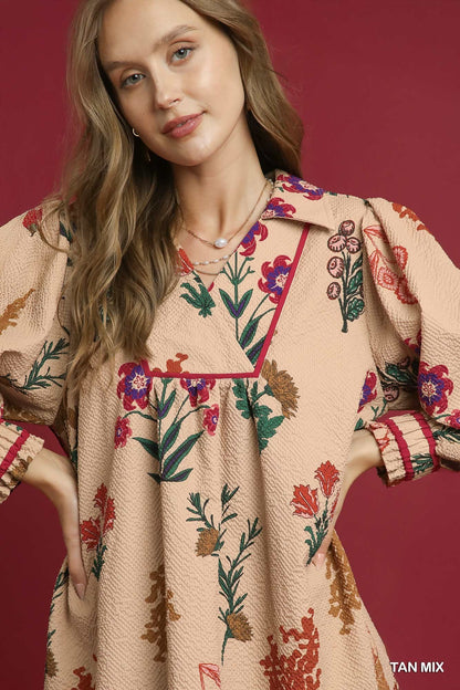 Mix Floral Textured Shift Dress: tan, long sleeves, colorful floral patterns. Available in sizes XS-XL.