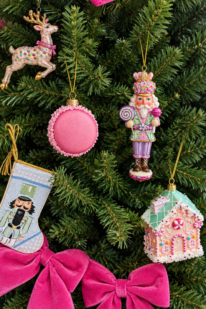 Bright pink round macaron ornament set in gift box.