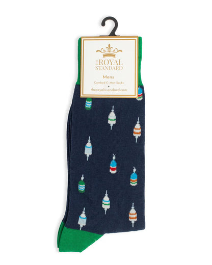 Navy men’s socks with colorful candle design, green heel/toe, "The Royal Standard" tag. Sizes: S/M, L/XL.