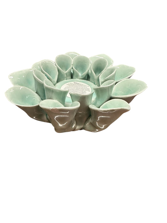 Ceramic Blue Flower Votive Holder with layered, petal-like shapes; available in small, medium, and large sizes.