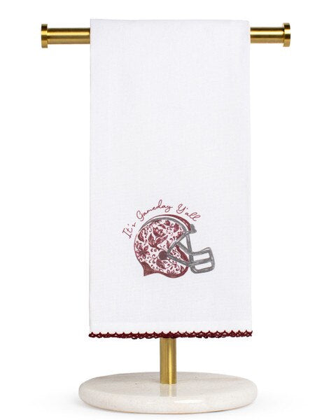 It’s Gameday Y’all white cotton hand towel featuring maroon and grey football helmet embroidery.
