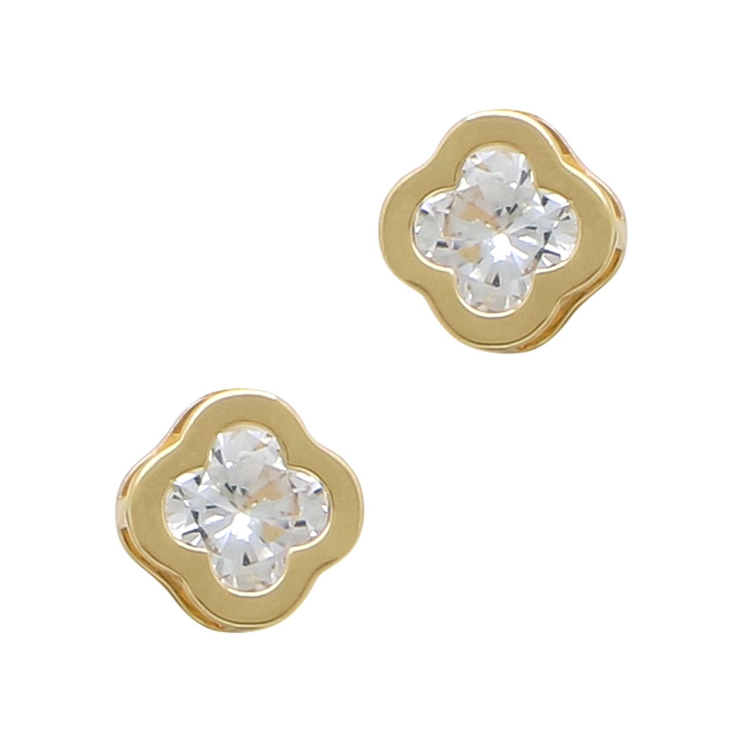 Gold four-leaf flower stud earrings with central crystal. Available in small and medium sizes.