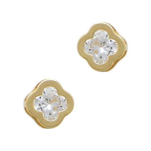 Gold four-leaf flower stud earrings with central crystal. Available in small and medium sizes.