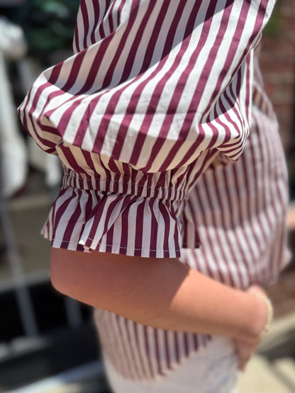 Maroon Striped Cinched Blouse with cinched waist detail. Available in sizes XS to XL.