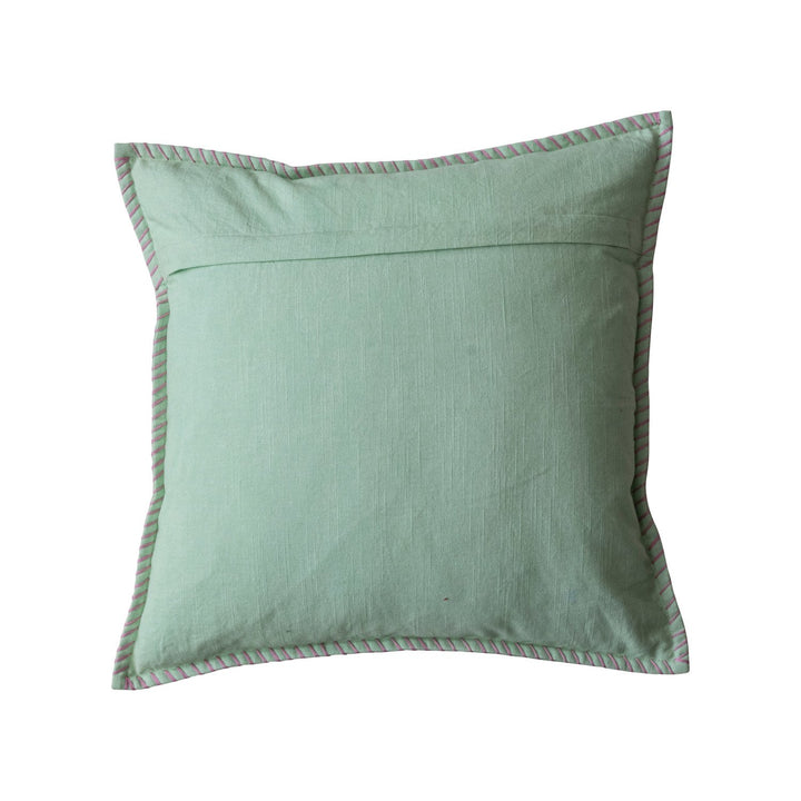 Mint green snowman printed cotton pillow with pom-pom and striped trim, 18”.